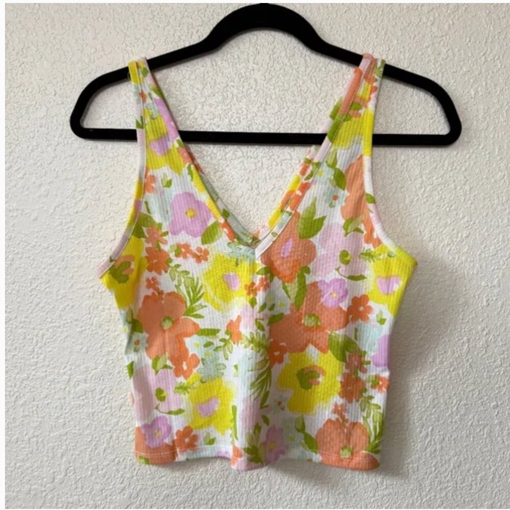 Abound Yellow & Green Floral Print Ribbed V Neck Cropped Tank Top Medium